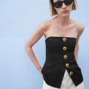 Zara Patterned Button Bustier Strapless Top Black - NWT